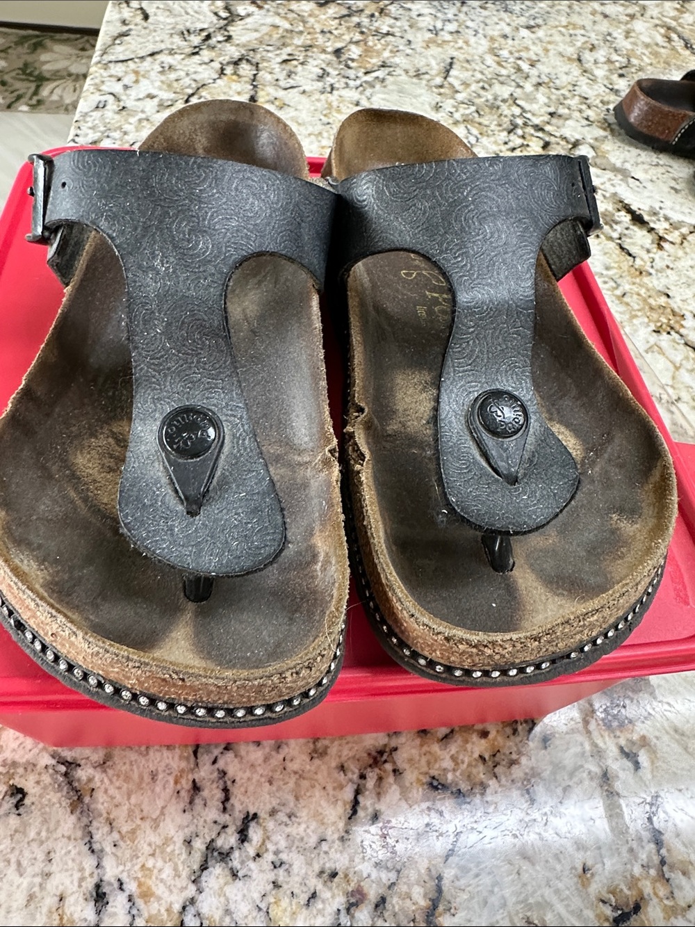 Papillio Black Embossed Leather Thong Sandals with Studded Cork Sole